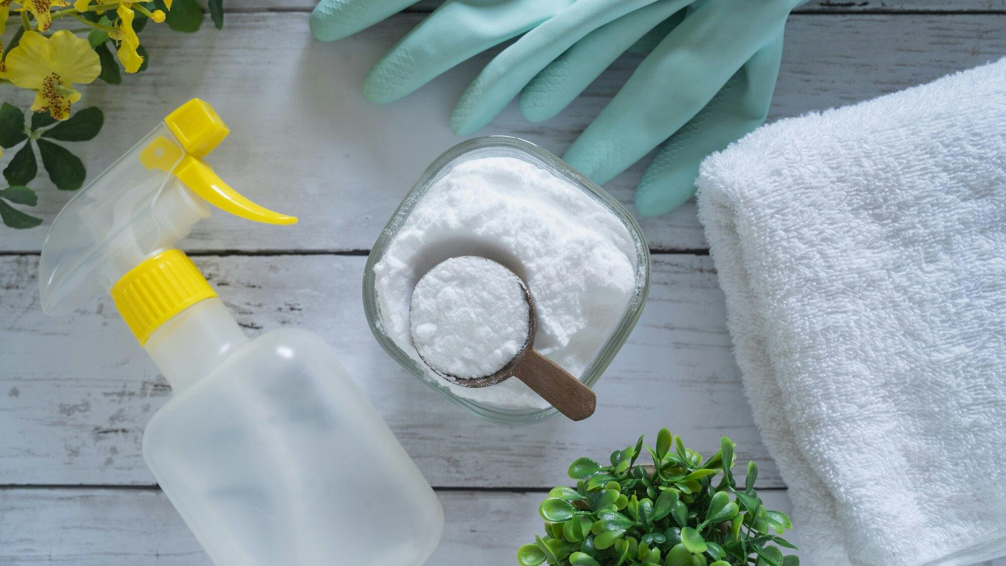 Spray bottle, cleaning gloves, baking soda, and a towel